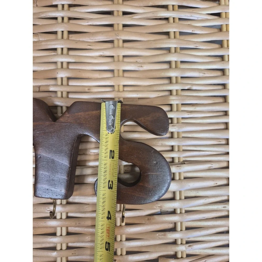 Vintage Wood KEYS Wall Key Holder 4 Brass Hooks Retro MCM Entryway Organizer